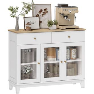 HOMCOM Homcom Aparador 3 Puertas De Vidrio Estriado Aparador Para Sal&oacute;n Moderno Con 2 Cajones Y Estantes Ajustables Para Comedor Entrada Blanco 100x35x80,3cm