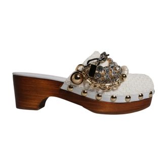 Dolce & Gabbana Witte Raffia Sandalen met Juwelenketting - Dames - Muiltjes - Wit - 35 1/2 EU - Katoen - Schoenen