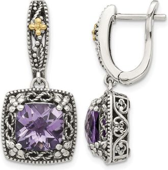 Diamond2Deal Sterling Silver with 14K Accent Antiqued Cushion Amethyst Hinged Hoop Dangle Earrings