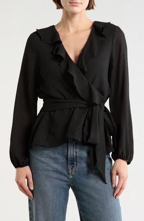 Max Studio Ruffle Long Sleeve Faux Wrap Top in Black at Nordstrom Rack, Size X-Large