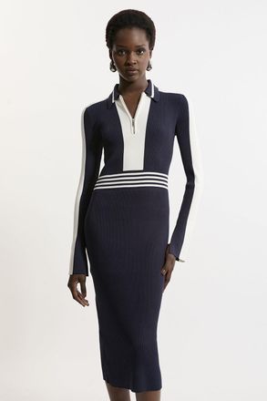 Karen Millen Womens Rib Knit Polo Zip Up Midi Dress - Navy Viscose - Size X-Small