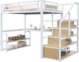 STILVORA Cama Alta Doble Con Escalera, Estantes Y Escritorio 140&times;200 Cm, Sin Colch&oacute;n, Blanca