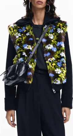 Desigual Lyon Faux Fur Mixed Media Knit Jacket in Black at Nordstrom, Size X-Small