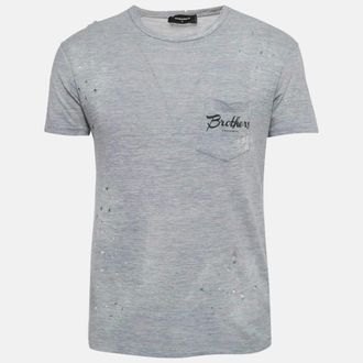Dsquared2 Grey Printed Cotton Blend Distressed T-Shirt