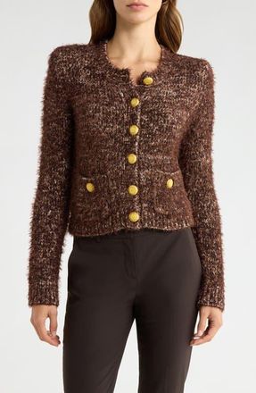L'agence Una Crop Eyelash Tweed Cardigan in Chocolate Multi at Nordstrom, Size Xx-Small