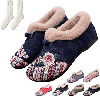 Generic Dritnow Womens Warm Floral Embroidered Winter Shoes, Dritnow Boots, Lightweight & Non-Slip Everyday Slip-on Shoes (Blue,5.5)