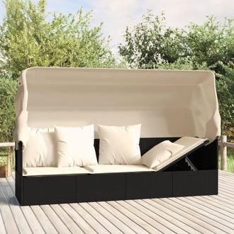 vidaXL Sof&aacute; Tumbona De Jard&iacute;n Con Toldo Cojines Rat&aacute;n Sint&eacute;tico Negro Vidaxl