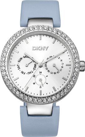 DKNY Women Watch, Silver Color Case, Silver Dial, Light Blue Leather Strap, Multi-Function, 5 ATM