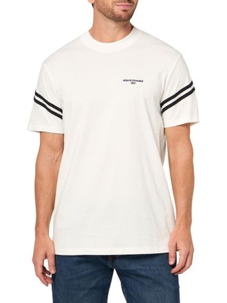 A|X Armani Exchange Mens Striped Sleeve Side Logo Round Collar T-Shirt Off White L, Off White, L