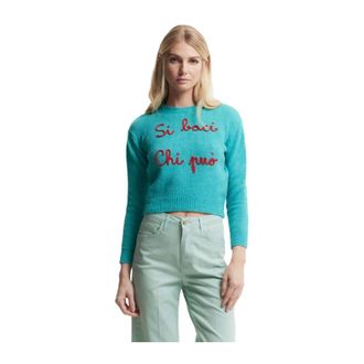 Kocca Groene Chain Stitch Borduurwerk Pullover - Dames - Ronde hals truien - Groen - M - Wol - Truien & Vesten