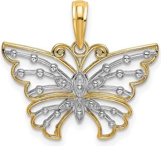 Diamond2Deal 14k Yellow Gold Rhodium Diamond-cut Butterfly Charm
