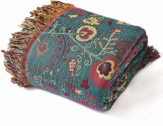 OEM Manta De Algod&oacute;n Verde Con Estampado Floral, 200x230 Cm, Con Flecos, Tama&ntilde;o Grande