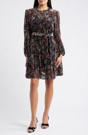 Julia Jordan Burnout Velvet Floral Long Sleeve Fit & Flare Dress in Black Multi at Nordstrom Rack, Size X-Small