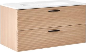 Beliani Mueble De Ba&ntilde;o Suspendido Con Lavabo Frente De Mdf 2 Cajones 100 X 50 Cm Marr&oacute;n Claro Arapa