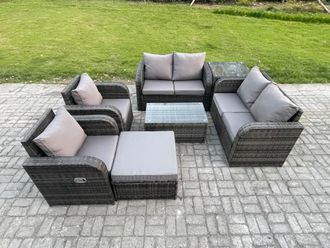 Fimous Rattan Garden Furniture Set 7 Seater Patio Outdoor Lounge Sofa Set with 2 Reclining Chairs Rectangular Coffee Table Big Footstool in Dark Grey
