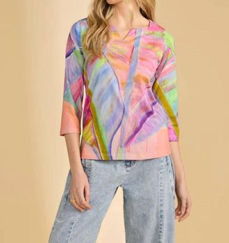 FDJ 3/4 Sleeve Notch Neck Top In Neon Palm