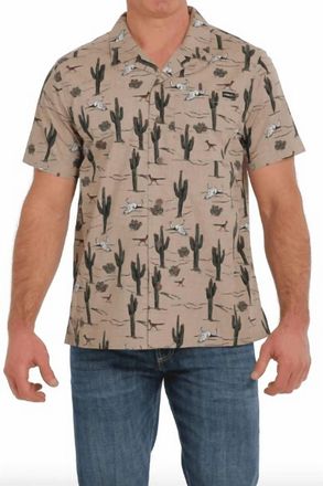 Cinch Cactus Print Short Sleeve Camp Shirt In Khaki