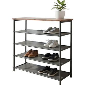 Relaxdays Relaxdays shoe rack, HxWxD: 75x75x30 cm, 4 non-woven shelves for 12 pairs, top shelf, industrial, black/brown
