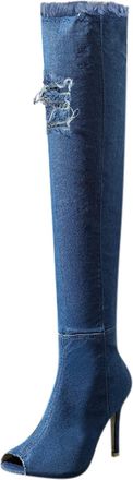 Generic Womens Over-the-Knee Denim Boots, Peep Toe, Distressed Black, High Heel Boots Jeans Fashion Autumn Womens Spring (Light blue, 5)