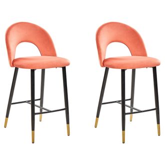 Beliani Beliani - Juego De 2 Sillas De Bar Terciopelo Rojo Coral Acero Negro Dise&ntilde;o Retro Extremos Dorados Comedor Falton