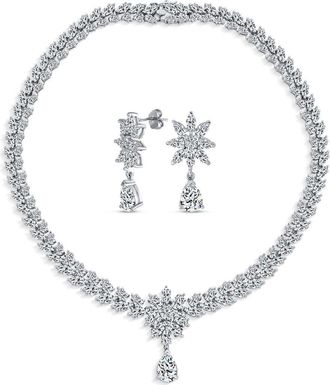 Bling Jewelry Sterling Silver Bridal Floral CZ Collar Necklace & Earrings Set in Clear at Nordstrom Rack