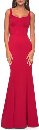 La Femme Mermaid Jersey Gown with Bustier Top and Lace Up Back in Red at Nordstrom, Size 12