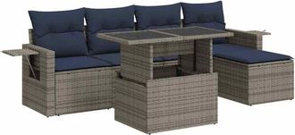 vidaXL 6 Piece Garden Sofa Set with Cushions Grey Poly Rattan Acacia Vidaxl