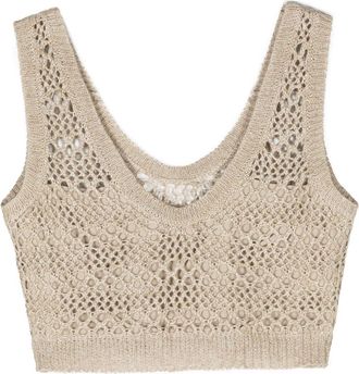 Brunello Cucinelli open-knit crop top - women - Silk/Silk/Linen/Flax/Acetate - L - Neutrals
