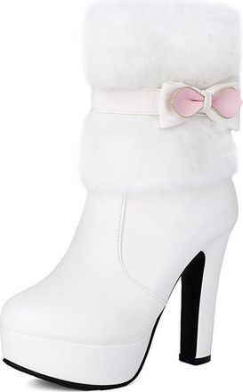 Generic Womens Chunky High Heel Winter Short Boot Round Toe Platform Boots with Bow PU Leather Ankle Boots with Side Zipper,White,5.5 UK