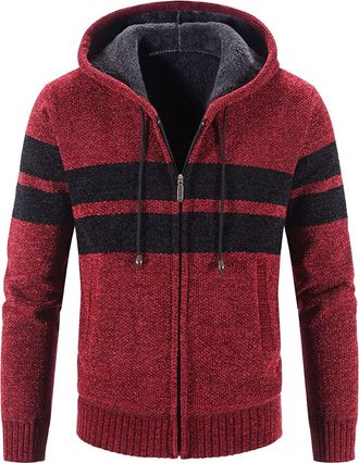 Generic Mens Hoodie Knitted Cardigan Fleece Lined Knit Sweater Jacket Full Zip Long Sleeve Chunky Knitwear Drawstring Hoody Jumper Autumn Winter Thick Warm Co