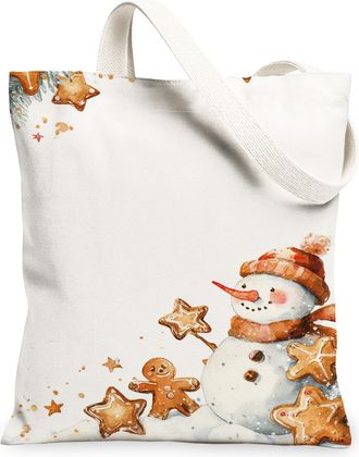 Generic Fanciful Snow Man Canvas Tote Bags, Festive Holiday Pattern Reusable Grocery Bags, Lightweight Washable Shoulder Strap Canv, White, 13x15 Inch
