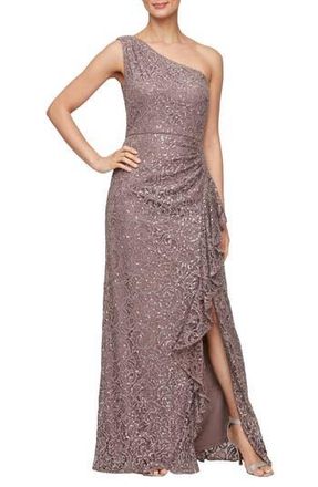 Alex Evenings One-Shoulder Sequin Lace A-Line Gown in Mocha at Nordstrom Rack, Size 18 (Similar To 14W)