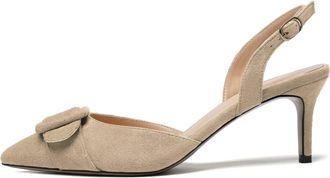 EDEFS Womens Slingback Kitten Heel Sandals Pointed Toe Stiletto Pumps Ankle Strap Dress Party Court Shoes, Suede Beige Size EU41