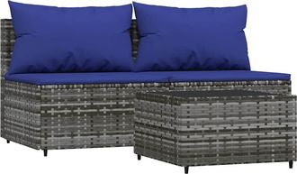 vidaXL Set De Muebles De Jard&iacute;n 3 Pzas Y Cojines Rat&aacute;n Sint&eacute;tico Gris Vidaxl