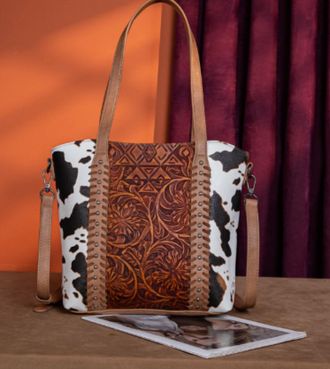 Montana West Womens Tooled Collection Concealed Carry Tote Crossbody Bag In Cow Print /brown