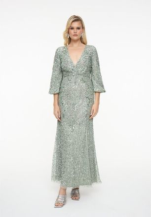 Beauut Embellished Sequin Beaded Maxi Dress With Deep V-Neck in Sage Green at Nordstrom, Size 4