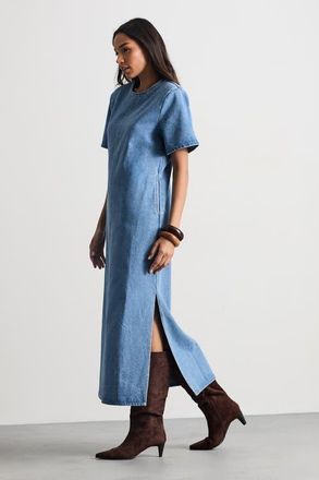 Warehouse Petite Denim Side Split Midi Dress in Dark Wash at Nordstrom, Size 10P
