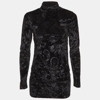 Ganni Ganni Black Velour Ruched High Neck Top XS