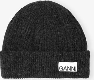 Ganni Mixed Dark Grey Fitted Wool Rib Knit Beanie