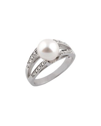 Splendid Pearls Rhodium Plated 8-8.5Mm Pearl Cz Ring