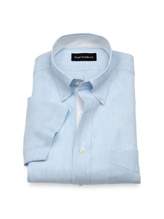 Paul Fredrick Tailored Fit Non-iron Linen Solid Dress Shirt With Contrast Trim