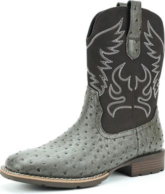 Generic Cowboy Boots for Men Square Toe Western Boot Durable Retro Classic Crocodile Print Pull on Shoes Slip Resistant,Gray and Black,10.5 UK