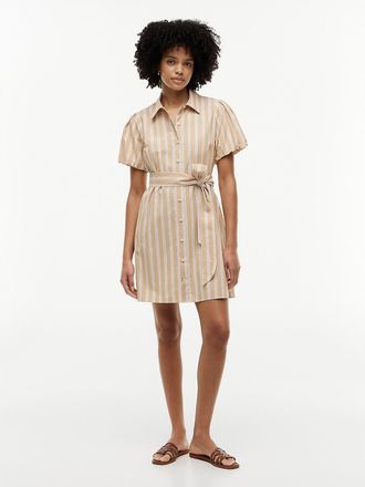 Tommy Hilfiger Womens Striped Puff-Sleeve Poplin Shirtdress - Classic Khaki - XXL