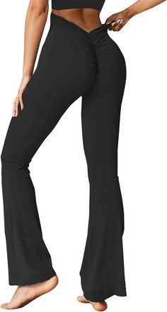 Generic Women Flared Leggings V-Back Scrunch Bums - Wide Leg Yoga Pants for Women UK Women Ribbed Crossover Flare Leggings with Pockets High Waisted Bell Bott