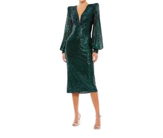 Mac Duggal Sequin Mesh Plunge Midi Dress In Black Emerald