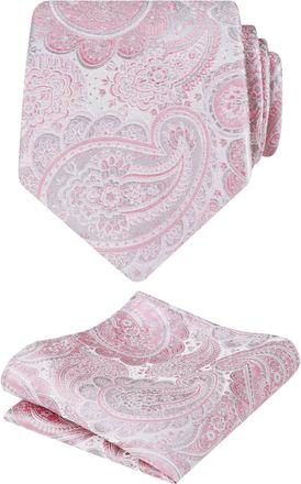 Alizeal Mens Paisley Jacquard Necktie and Hanky Set for Party Wedding Retro Tie and Pocket Square Set, Light Pink