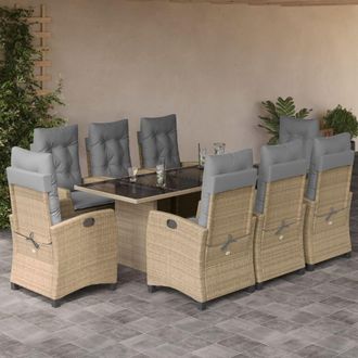 vidaXL Set Comedor De Jard&iacute;n 9 Pzas Con Cojines Rat&aacute;n Sint&eacute;tico Beige Vidaxl