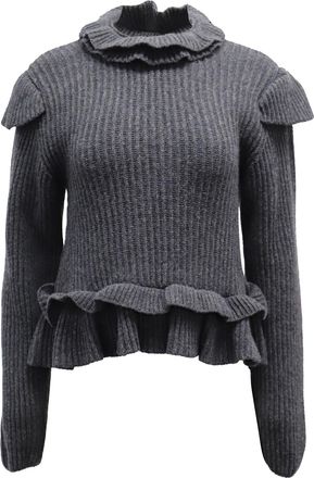 Ganni Ganni Cut-out Ruffled Ribbed Sweater in Grey Wool