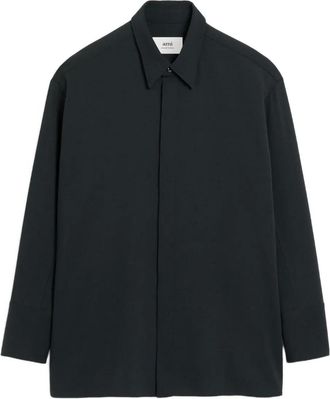 Ami Camicia oversize in lana con spacchi laterali - Nero