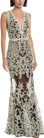 Marchesa Sleeveless Deep V-Neck Embroidered Gown